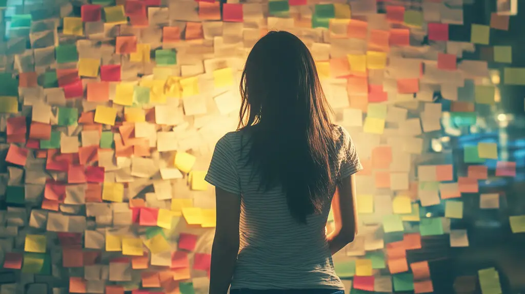 A woman looking at a chaotic wall of Post-its