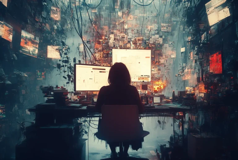 A woman working at her desk in the middle of chaos