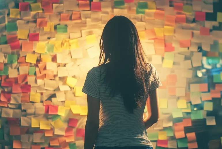 A woman looking at a chaotic wall of Post-its