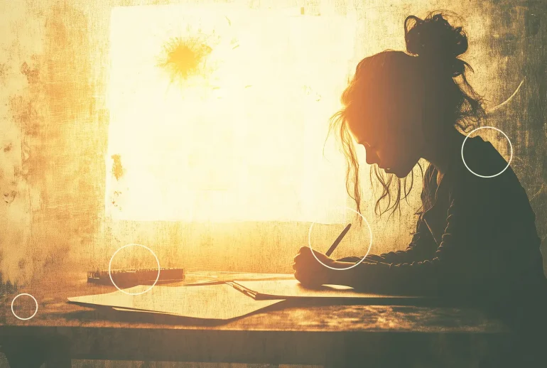 A young woman sketching at a table